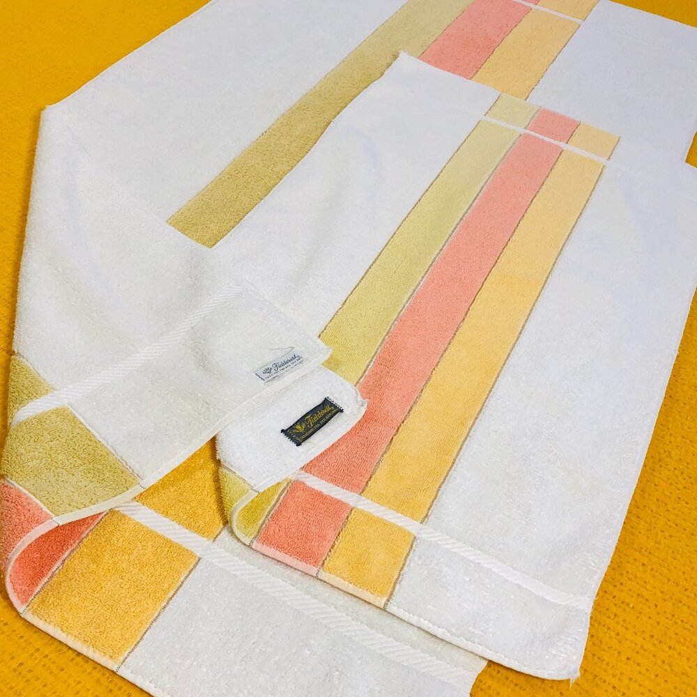 Vintage 80s FIELDCREST Cotton Bath Hand Towel Set: Pistachio Coral Honey Stripes
